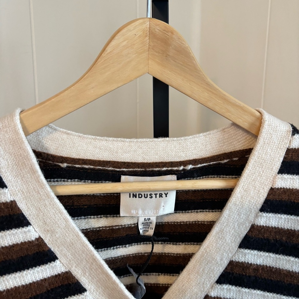 Industry Striped Cropped Button-Up Cardigan Cream Tan Black Women’s S Oversized